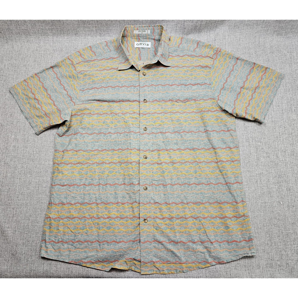 Orvis Shirt Mens XL Multicolor Geometric Short Sleeve Cotton Button Front Casual